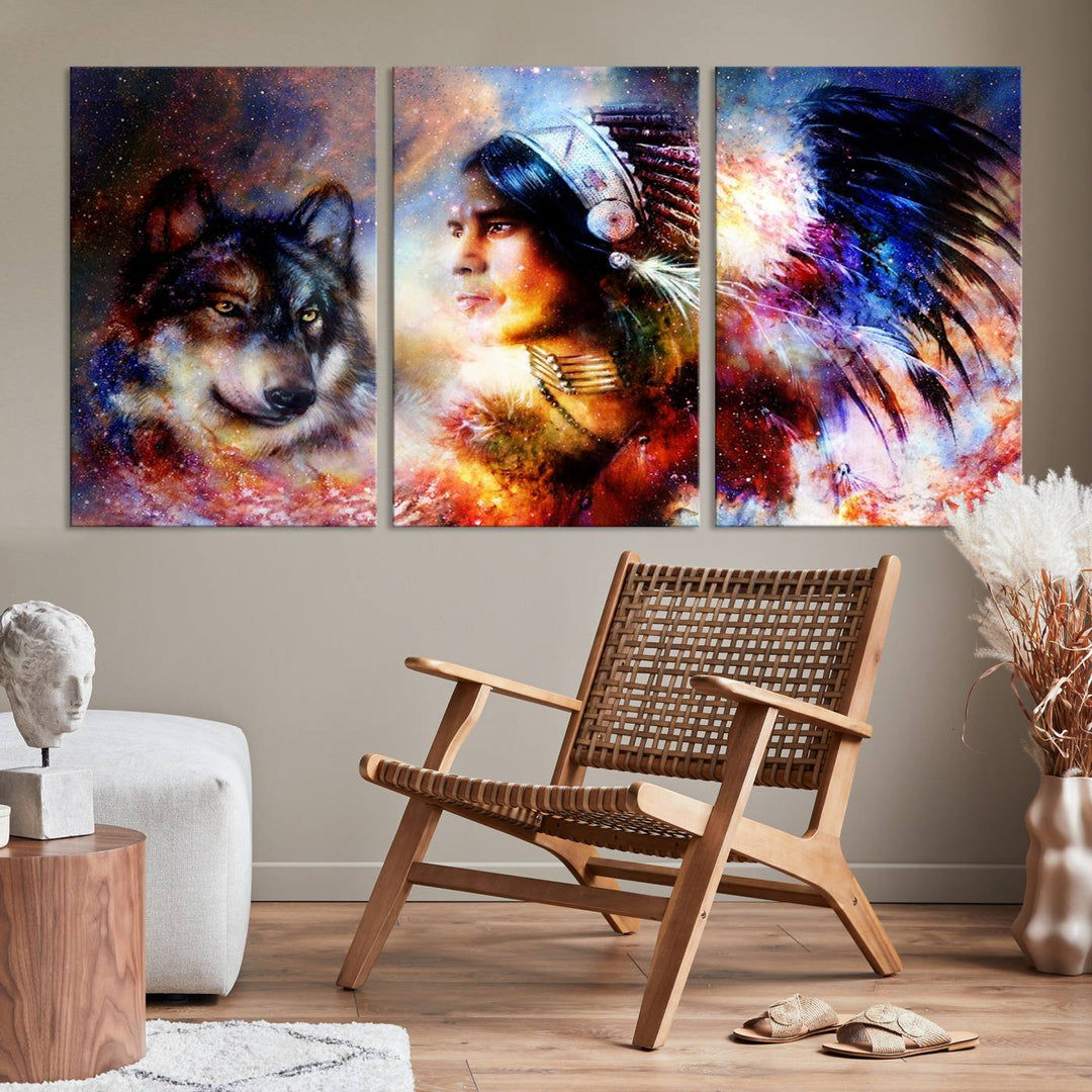 The "Wolf and Abstract Indian Chief Wall Art Canvas Print" showcases an abstract depiction of a person wearing a feathered headdress with a wolf set against a celestial backdrop, infusing any room with vibrant energy.