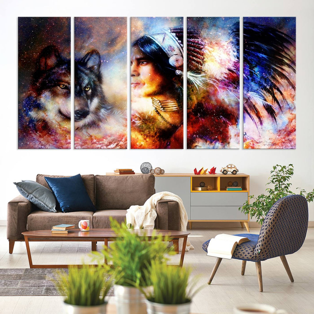 The "Wolf and Abstract Indian Chief Wall Art Canvas Print" showcases an abstract depiction of a person wearing a feathered headdress with a wolf set against a celestial backdrop, infusing any room with vibrant energy.