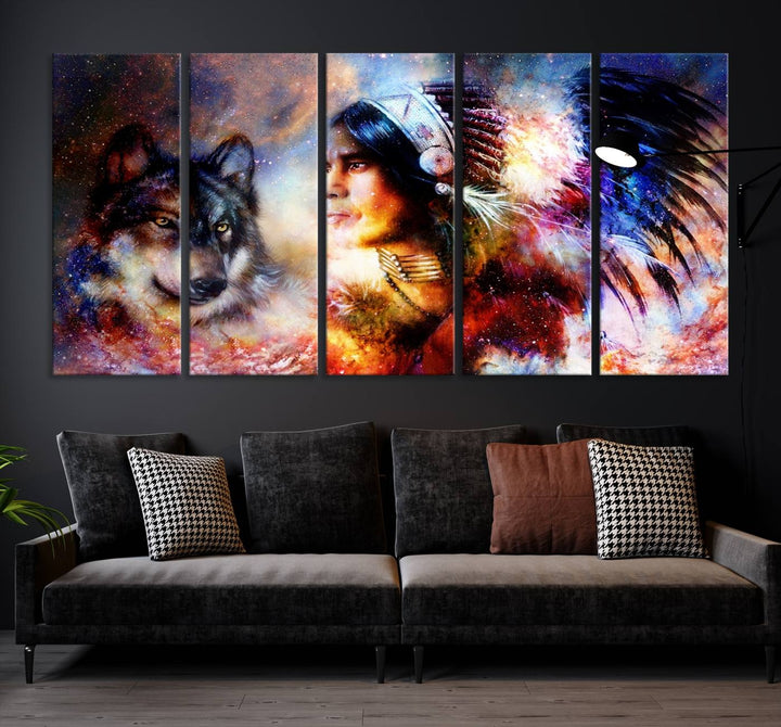 The "Wolf and Abstract Indian Chief Wall Art Canvas Print" showcases an abstract depiction of a person wearing a feathered headdress with a wolf set against a celestial backdrop, infusing any room with vibrant energy.