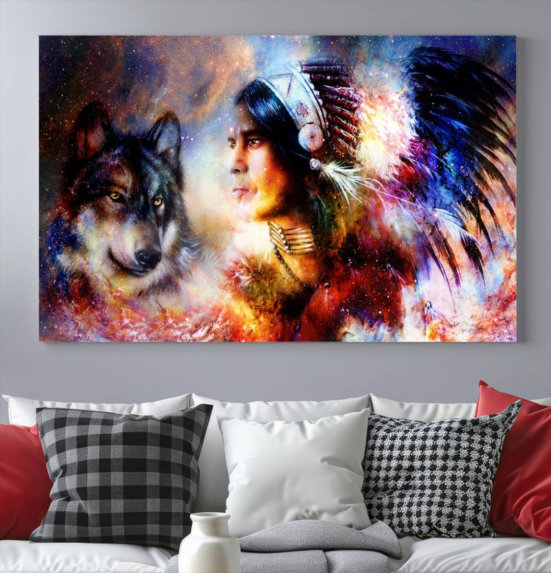 The "Wolf and Abstract Indian Chief Wall Art Canvas Print" showcases an abstract depiction of a person wearing a feathered headdress with a wolf set against a celestial backdrop, infusing any room with vibrant energy.