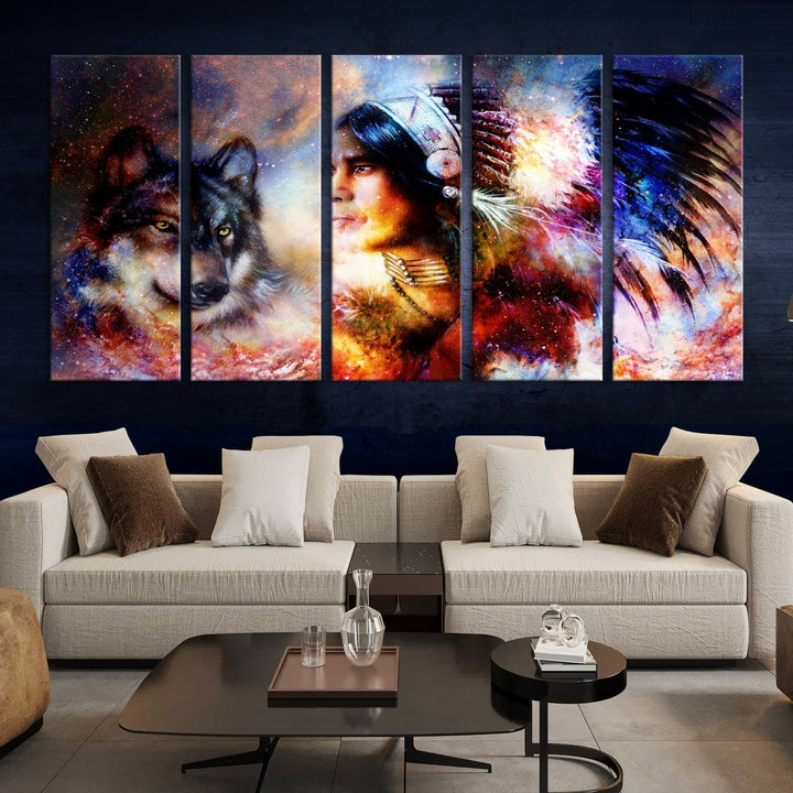 The "Wolf and Abstract Indian Chief Wall Art Canvas Print" showcases an abstract depiction of a person wearing a feathered headdress with a wolf set against a celestial backdrop, infusing any room with vibrant energy.