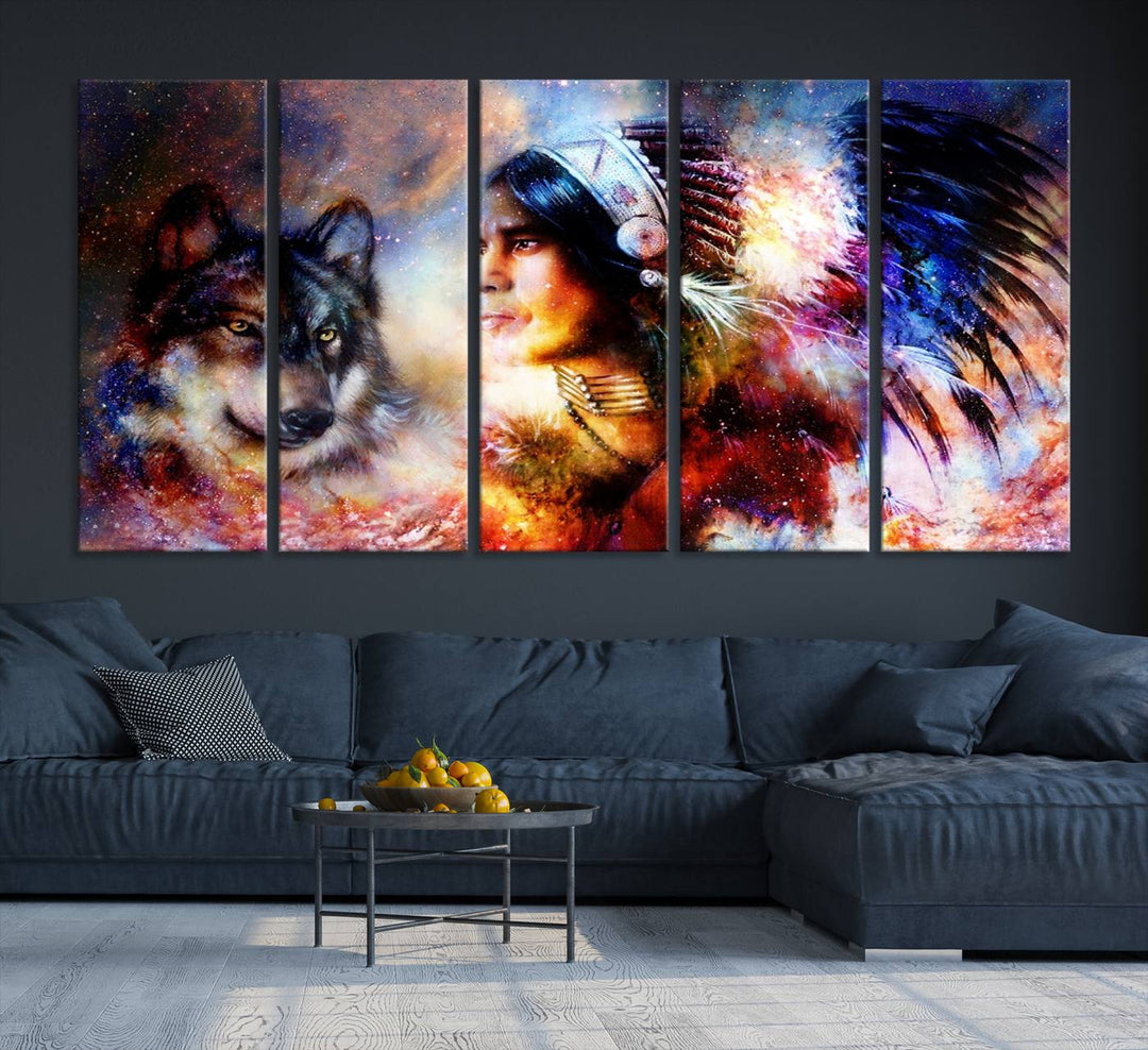 The "Wolf and Abstract Indian Chief Wall Art Canvas Print" showcases an abstract depiction of a person wearing a feathered headdress with a wolf set against a celestial backdrop, infusing any room with vibrant energy.