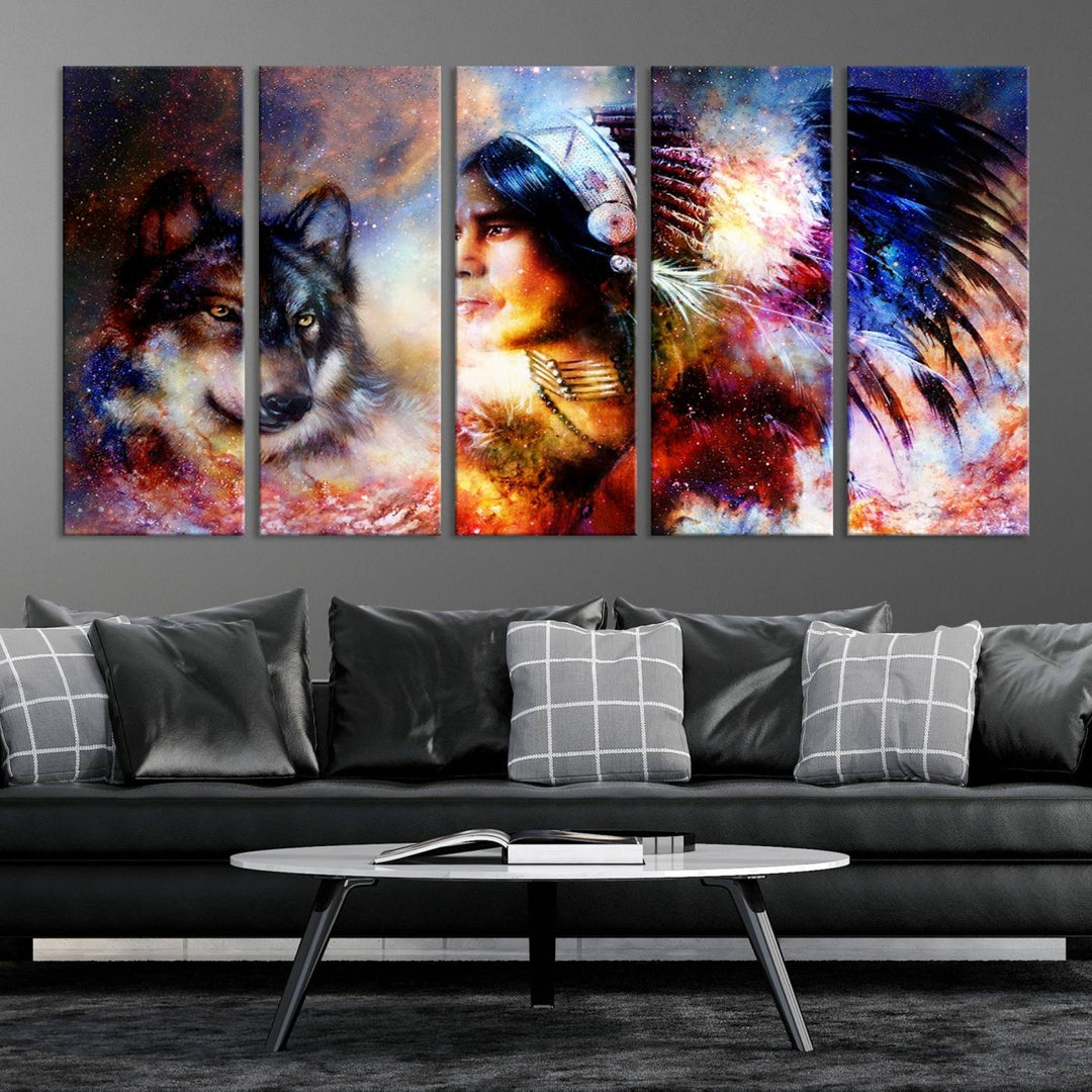 The "Wolf and Abstract Indian Chief Wall Art Canvas Print" showcases an abstract depiction of a person wearing a feathered headdress with a wolf set against a celestial backdrop, infusing any room with vibrant energy.