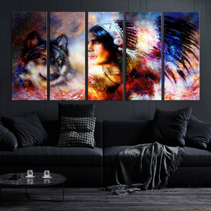 The "Wolf and Abstract Indian Chief Wall Art Canvas Print" showcases an abstract depiction of a person wearing a feathered headdress with a wolf set against a celestial backdrop, infusing any room with vibrant energy.