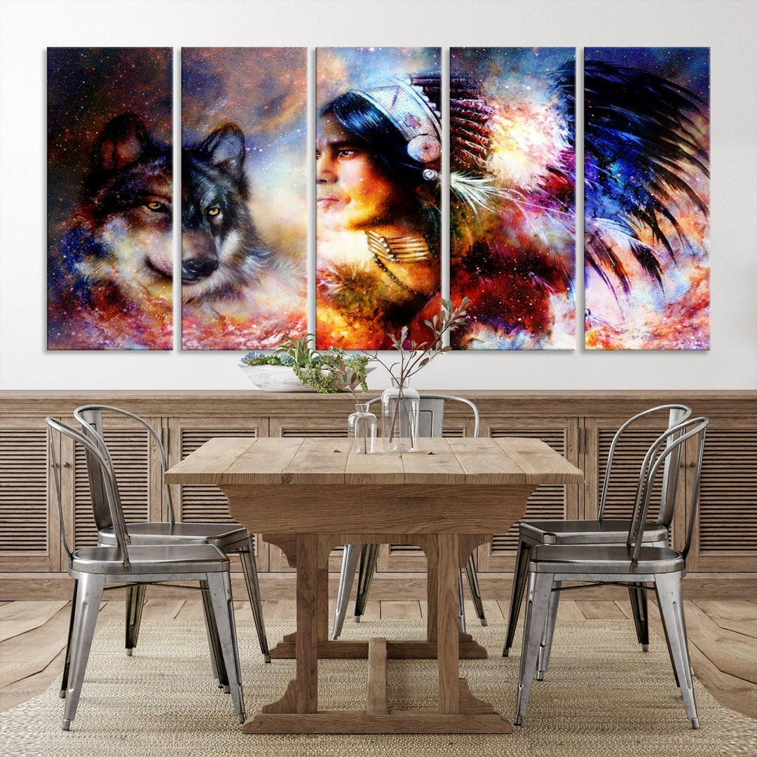 The "Wolf and Abstract Indian Chief Wall Art Canvas Print" showcases an abstract depiction of a person wearing a feathered headdress with a wolf set against a celestial backdrop, infusing any room with vibrant energy.