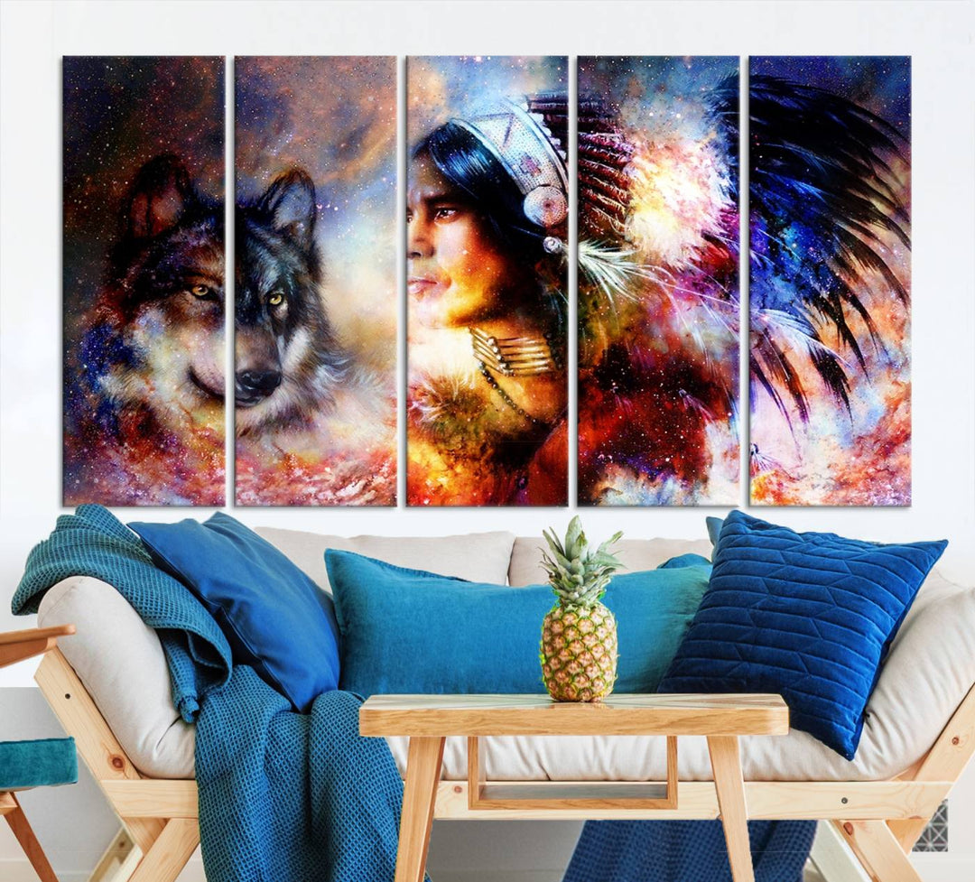 The "Wolf and Abstract Indian Chief Wall Art Canvas Print" showcases an abstract depiction of a person wearing a feathered headdress with a wolf set against a celestial backdrop, infusing any room with vibrant energy.