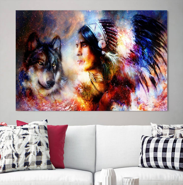 The "Wolf and Abstract Indian Chief Wall Art Canvas Print" showcases an abstract depiction of a person wearing a feathered headdress with a wolf set against a celestial backdrop, infusing any room with vibrant energy.