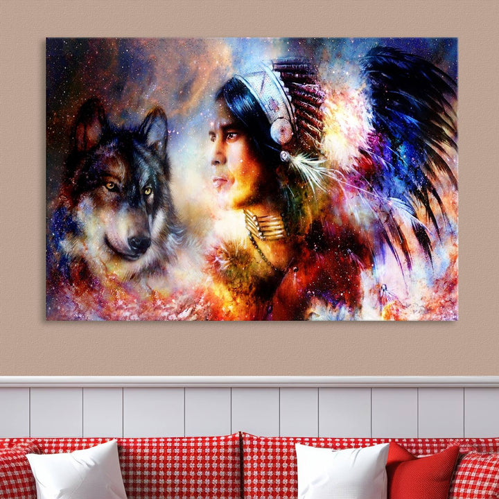 The "Wolf and Abstract Indian Chief Wall Art Canvas Print" showcases an abstract depiction of a person wearing a feathered headdress with a wolf set against a celestial backdrop, infusing any room with vibrant energy.