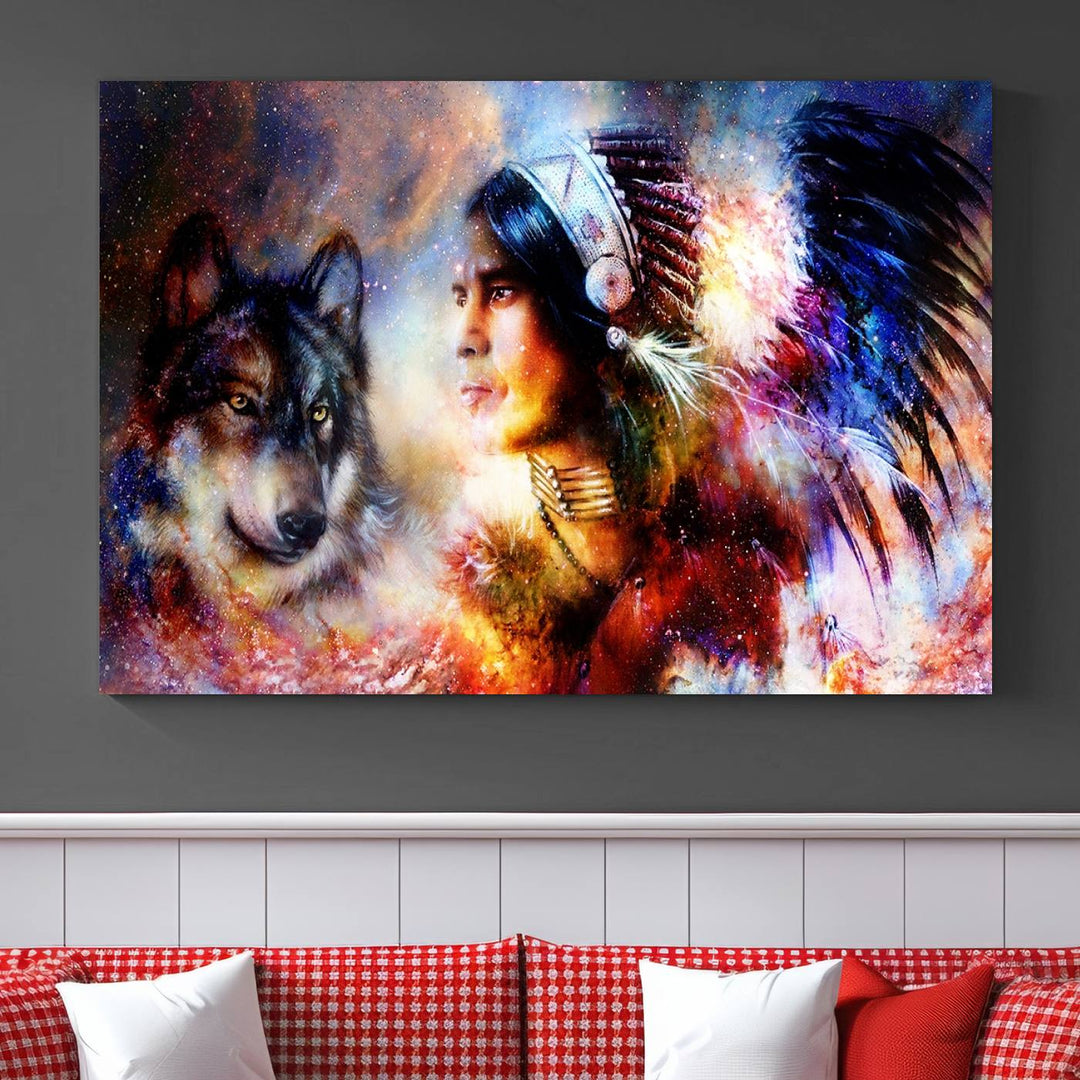 The "Wolf and Abstract Indian Chief Wall Art Canvas Print" showcases an abstract depiction of a person wearing a feathered headdress with a wolf set against a celestial backdrop, infusing any room with vibrant energy.