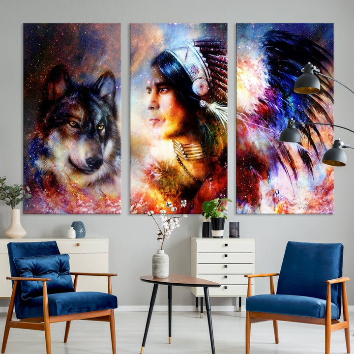 The "Wolf and Abstract Indian Chief Wall Art Canvas Print" showcases an abstract depiction of a person wearing a feathered headdress with a wolf set against a celestial backdrop, infusing any room with vibrant energy.