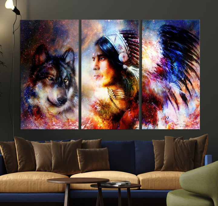 The "Wolf and Abstract Indian Chief Wall Art Canvas Print" showcases an abstract depiction of a person wearing a feathered headdress with a wolf set against a celestial backdrop, infusing any room with vibrant energy.