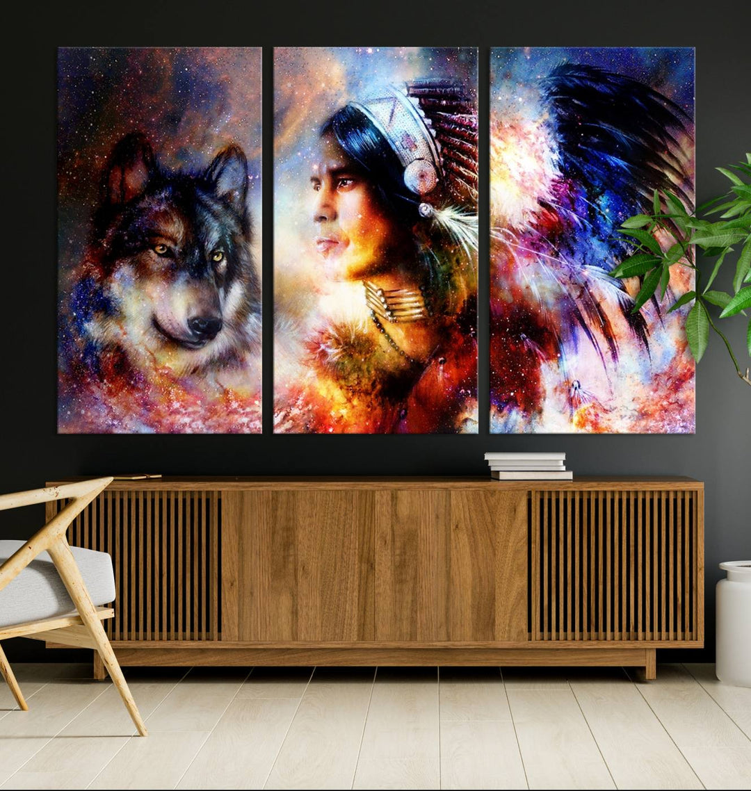 The "Wolf and Abstract Indian Chief Wall Art Canvas Print" showcases an abstract depiction of a person wearing a feathered headdress with a wolf set against a celestial backdrop, infusing any room with vibrant energy.