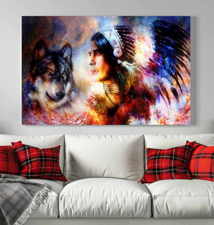 The "Wolf and Abstract Indian Chief Wall Art Canvas Print" showcases an abstract depiction of a person wearing a feathered headdress with a wolf set against a celestial backdrop, infusing any room with vibrant energy.