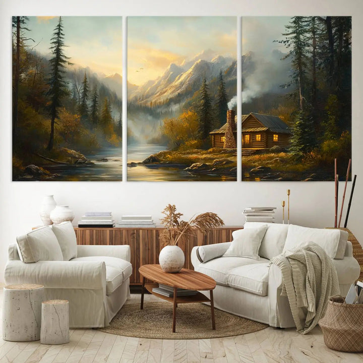 Experience the serene elegance of nature with our "Wood Cabin Retreat Mountain at Sunset Wall Art Print." This canvas art captures a tranquil forest and river landscape, embodying the rustic charm of a cabin nestled in nature. It's ideal for enhancing your living room with peaceful sophistication and harmony.