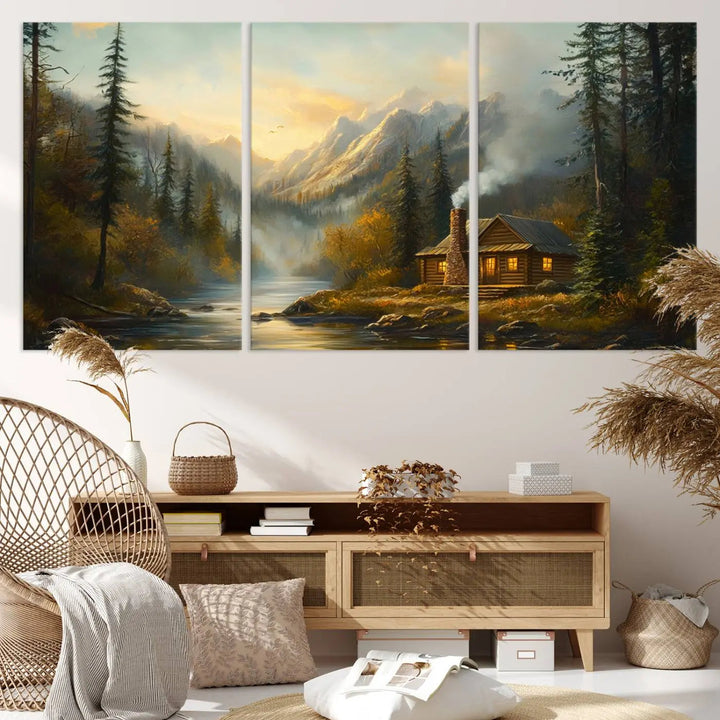 Experience the serene elegance of nature with our "Wood Cabin Retreat Mountain at Sunset Wall Art Print." This canvas art captures a tranquil forest and river landscape, embodying the rustic charm of a cabin nestled in nature. It's ideal for enhancing your living room with peaceful sophistication and harmony.