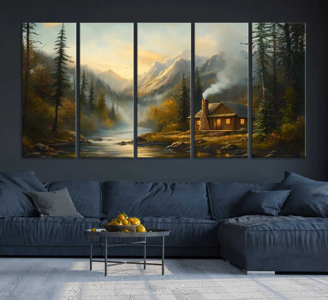 Experience the serene elegance of nature with our "Wood Cabin Retreat Mountain at Sunset Wall Art Print." This canvas art captures a tranquil forest and river landscape, embodying the rustic charm of a cabin nestled in nature. It's ideal for enhancing your living room with peaceful sophistication and harmony.