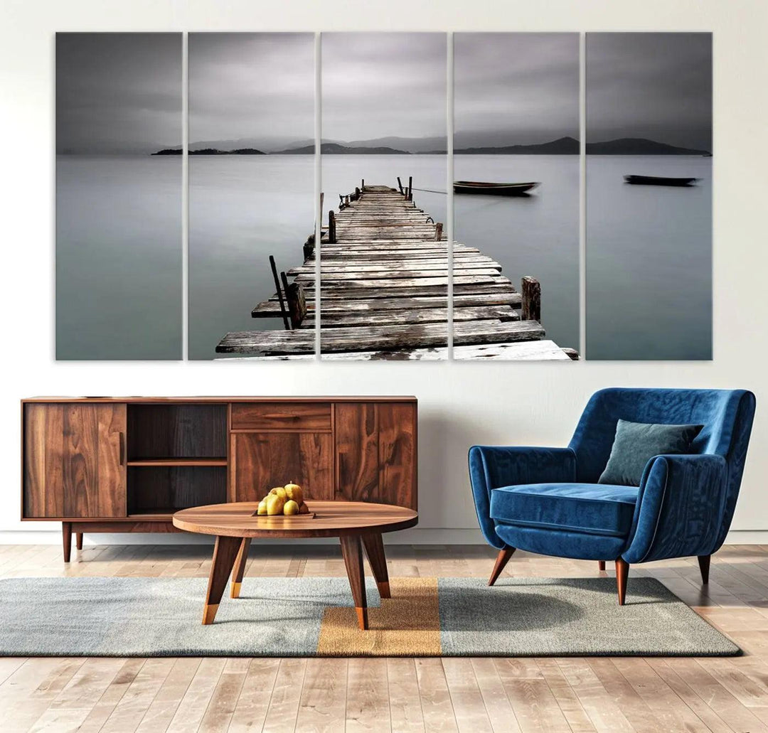 A serene triptych featuring a wooden pier stretching into misty waters brings the Wooden Pier Canvas Wall Art Beach Canvas Artwork Print to life.