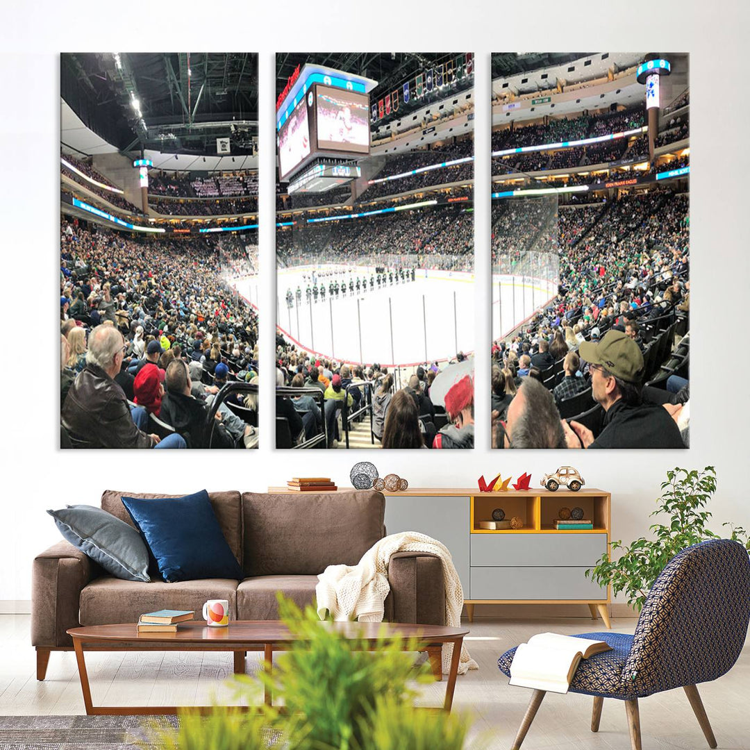 The Xcel Energy Center St Paul Minnesota Wild Ice Hockey Stadium Wall Art Canvas Print captures a packed hockey arena with spectators watching players on the ice. It is elegantly preserved on museum-quality canvas with vibrant details protected by a UV-protective coating.