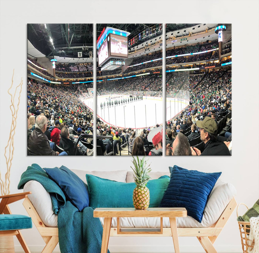 The Xcel Energy Center St Paul Minnesota Wild Ice Hockey Stadium Wall Art Canvas Print captures a packed hockey arena with spectators watching players on the ice. It is elegantly preserved on museum-quality canvas with vibrant details protected by a UV-protective coating.