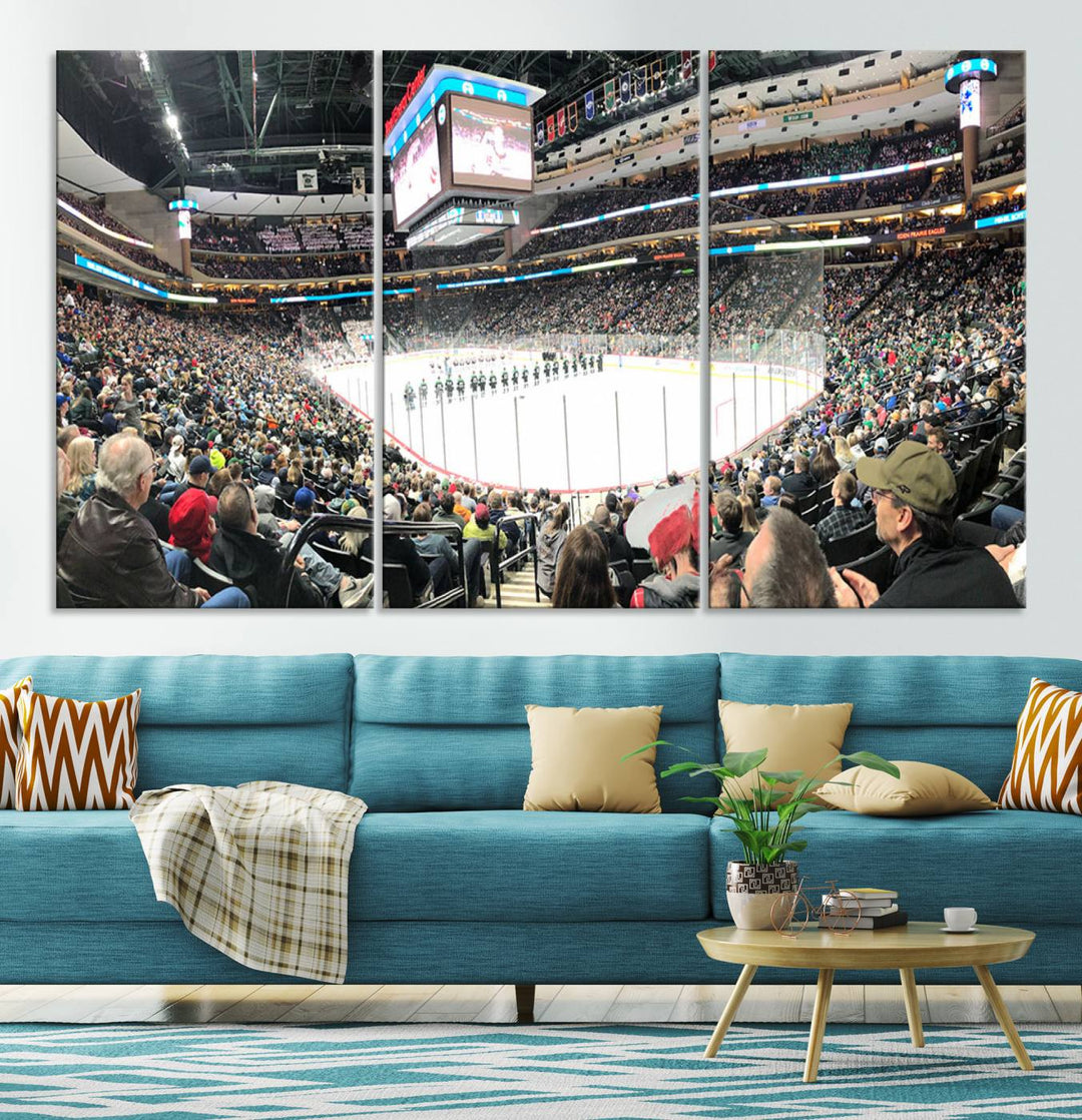 The Xcel Energy Center St Paul Minnesota Wild Ice Hockey Stadium Wall Art Canvas Print captures a packed hockey arena with spectators watching players on the ice. It is elegantly preserved on museum-quality canvas with vibrant details protected by a UV-protective coating.