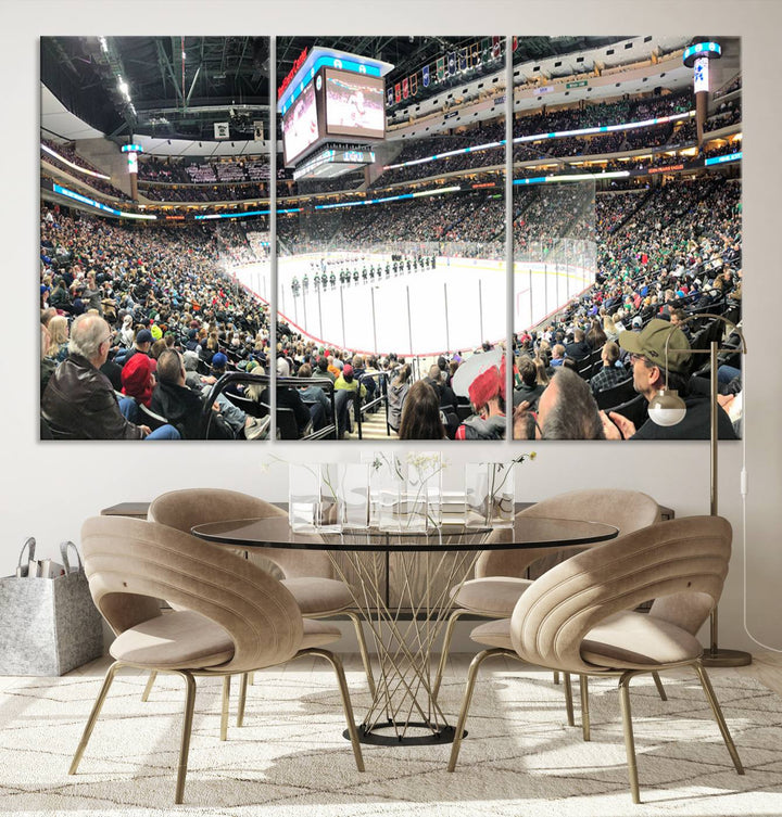 The Xcel Energy Center St Paul Minnesota Wild Ice Hockey Stadium Wall Art Canvas Print captures a packed hockey arena with spectators watching players on the ice. It is elegantly preserved on museum-quality canvas with vibrant details protected by a UV-protective coating.