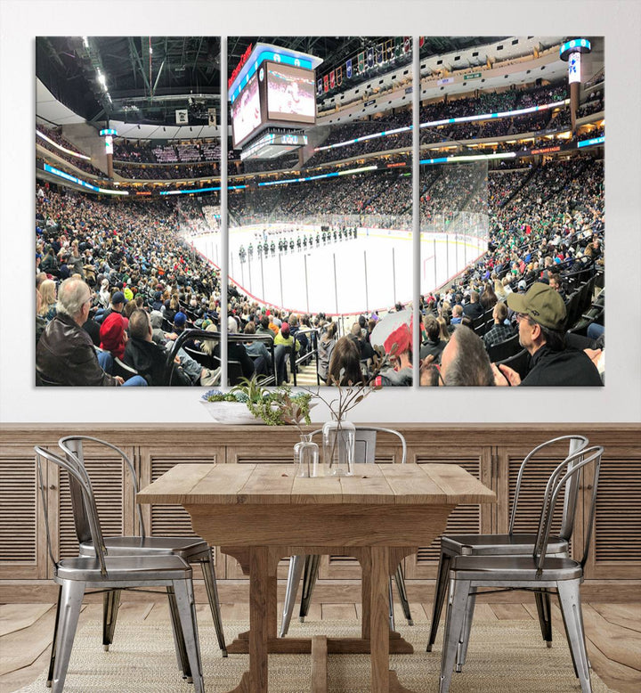 The Xcel Energy Center St Paul Minnesota Wild Ice Hockey Stadium Wall Art Canvas Print captures a packed hockey arena with spectators watching players on the ice. It is elegantly preserved on museum-quality canvas with vibrant details protected by a UV-protective coating.