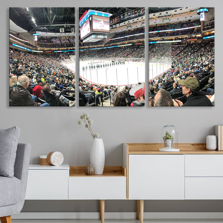 The Xcel Energy Center St Paul Minnesota Wild Ice Hockey Stadium Wall Art Canvas Print captures a packed hockey arena with spectators watching players on the ice. It is elegantly preserved on museum-quality canvas with vibrant details protected by a UV-protective coating.