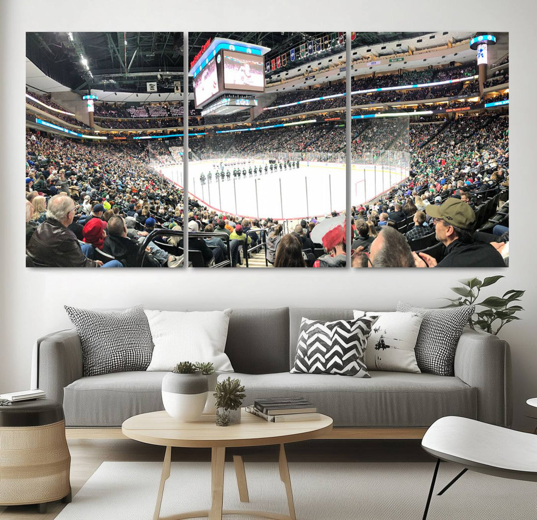 The Xcel Energy Center St Paul Minnesota Wild Ice Hockey Stadium Wall Art Canvas Print captures a packed hockey arena with spectators watching players on the ice. It is elegantly preserved on museum-quality canvas with vibrant details protected by a UV-protective coating.