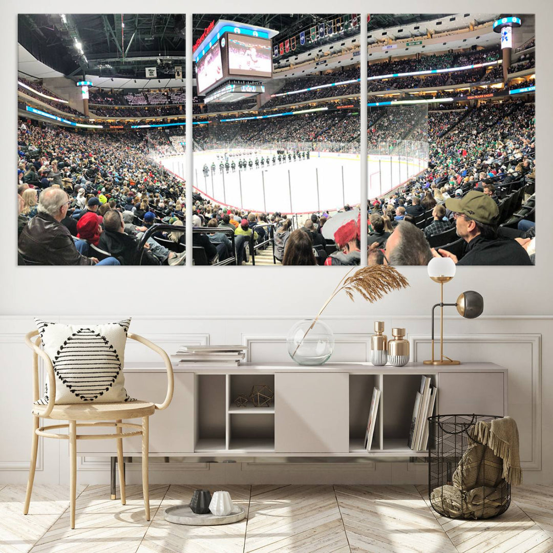 The Xcel Energy Center St Paul Minnesota Wild Ice Hockey Stadium Wall Art Canvas Print captures a packed hockey arena with spectators watching players on the ice. It is elegantly preserved on museum-quality canvas with vibrant details protected by a UV-protective coating.