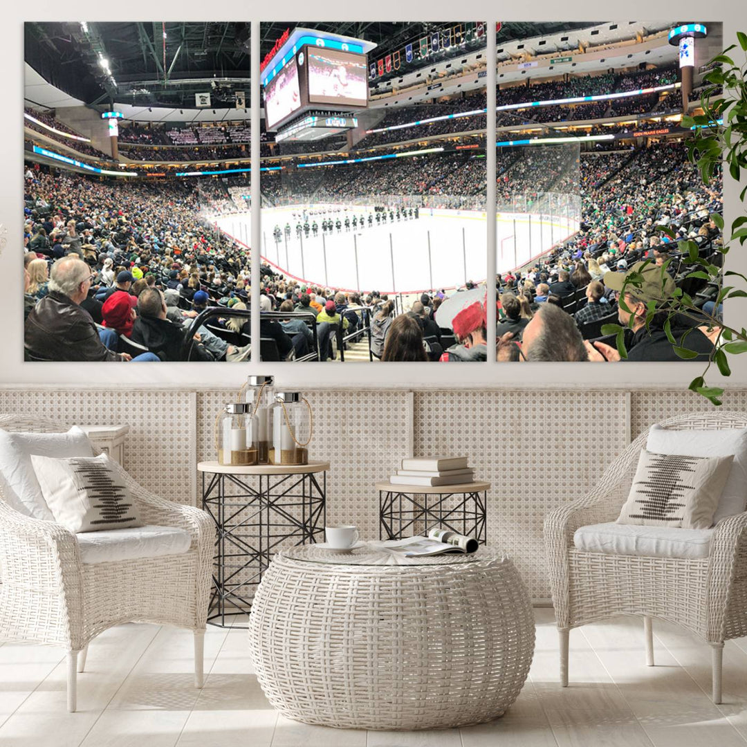 The Xcel Energy Center St Paul Minnesota Wild Ice Hockey Stadium Wall Art Canvas Print captures a packed hockey arena with spectators watching players on the ice. It is elegantly preserved on museum-quality canvas with vibrant details protected by a UV-protective coating.