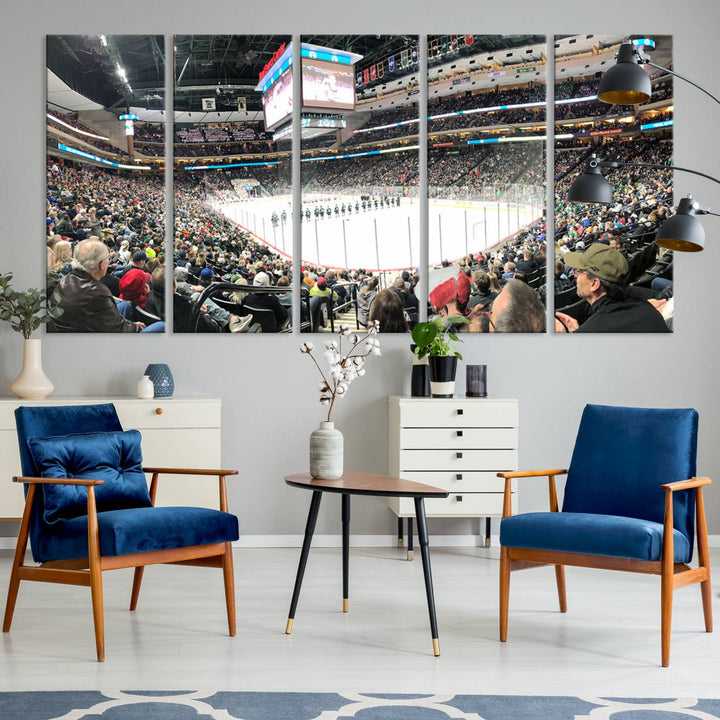 The Xcel Energy Center St Paul Minnesota Wild Ice Hockey Stadium Wall Art Canvas Print captures a packed hockey arena with spectators watching players on the ice. It is elegantly preserved on museum-quality canvas with vibrant details protected by a UV-protective coating.