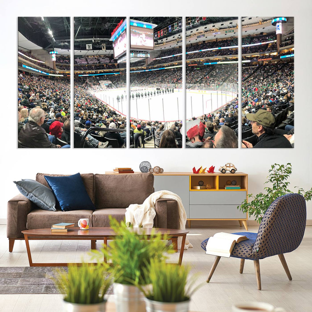 The Xcel Energy Center St Paul Minnesota Wild Ice Hockey Stadium Wall Art Canvas Print captures a packed hockey arena with spectators watching players on the ice. It is elegantly preserved on museum-quality canvas with vibrant details protected by a UV-protective coating.