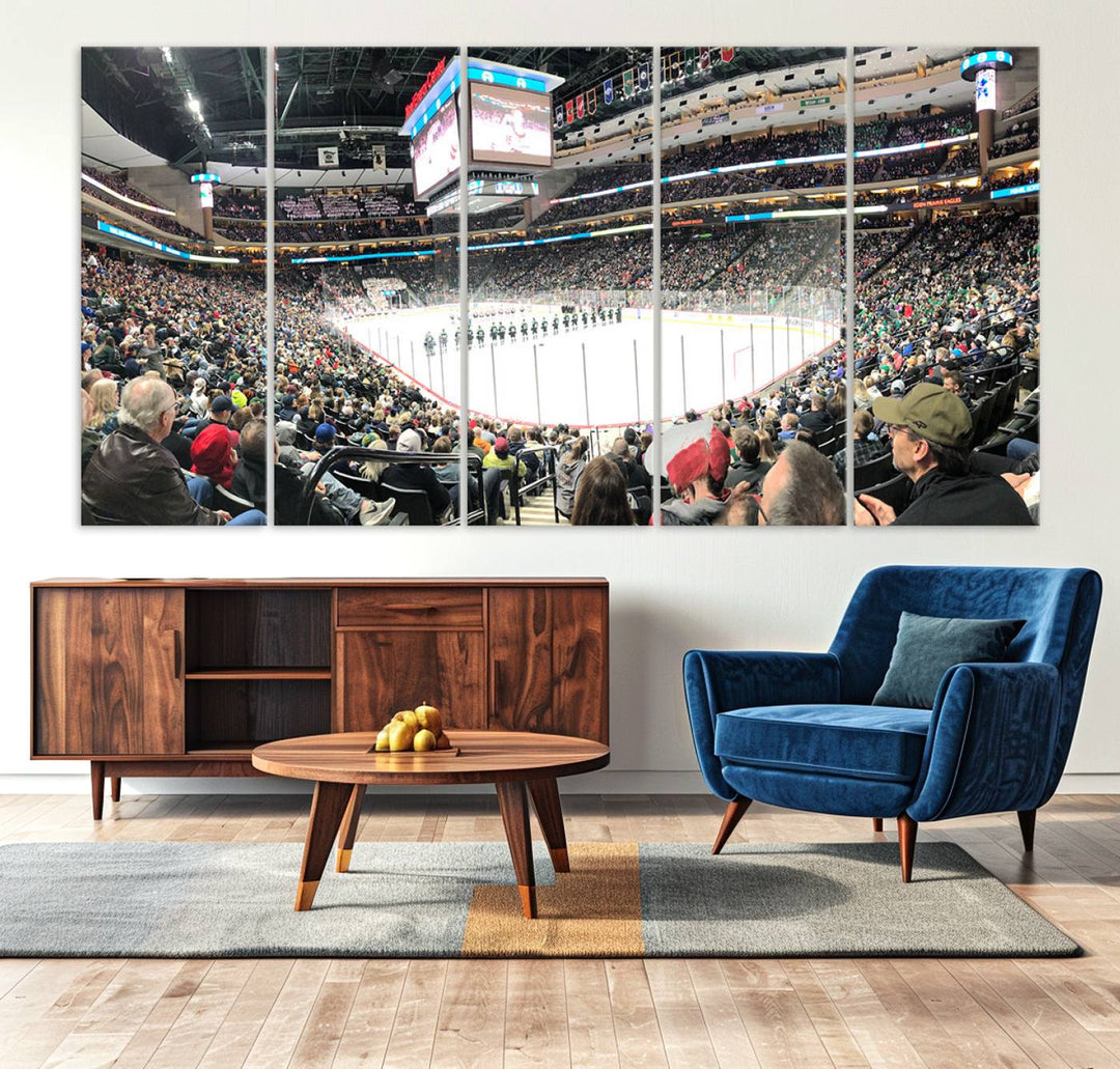 The Xcel Energy Center St Paul Minnesota Wild Ice Hockey Stadium Wall Art Canvas Print captures a packed hockey arena with spectators watching players on the ice. It is elegantly preserved on museum-quality canvas with vibrant details protected by a UV-protective coating.