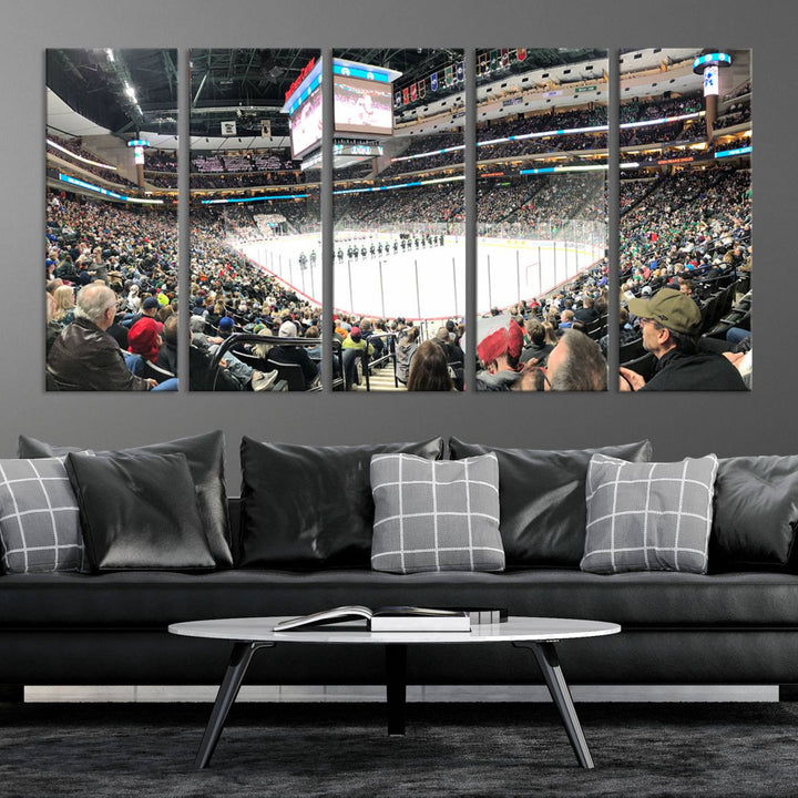 The Xcel Energy Center St Paul Minnesota Wild Ice Hockey Stadium Wall Art Canvas Print captures a packed hockey arena with spectators watching players on the ice. It is elegantly preserved on museum-quality canvas with vibrant details protected by a UV-protective coating.