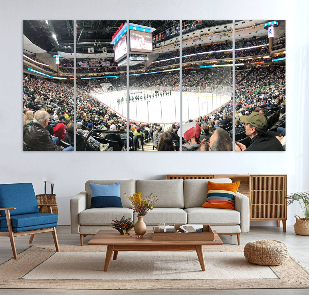 The Xcel Energy Center St Paul Minnesota Wild Ice Hockey Stadium Wall Art Canvas Print captures a packed hockey arena with spectators watching players on the ice. It is elegantly preserved on museum-quality canvas with vibrant details protected by a UV-protective coating.