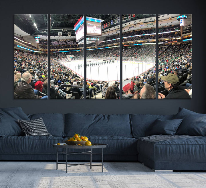 The Xcel Energy Center St Paul Minnesota Wild Ice Hockey Stadium Wall Art Canvas Print captures a packed hockey arena with spectators watching players on the ice. It is elegantly preserved on museum-quality canvas with vibrant details protected by a UV-protective coating.