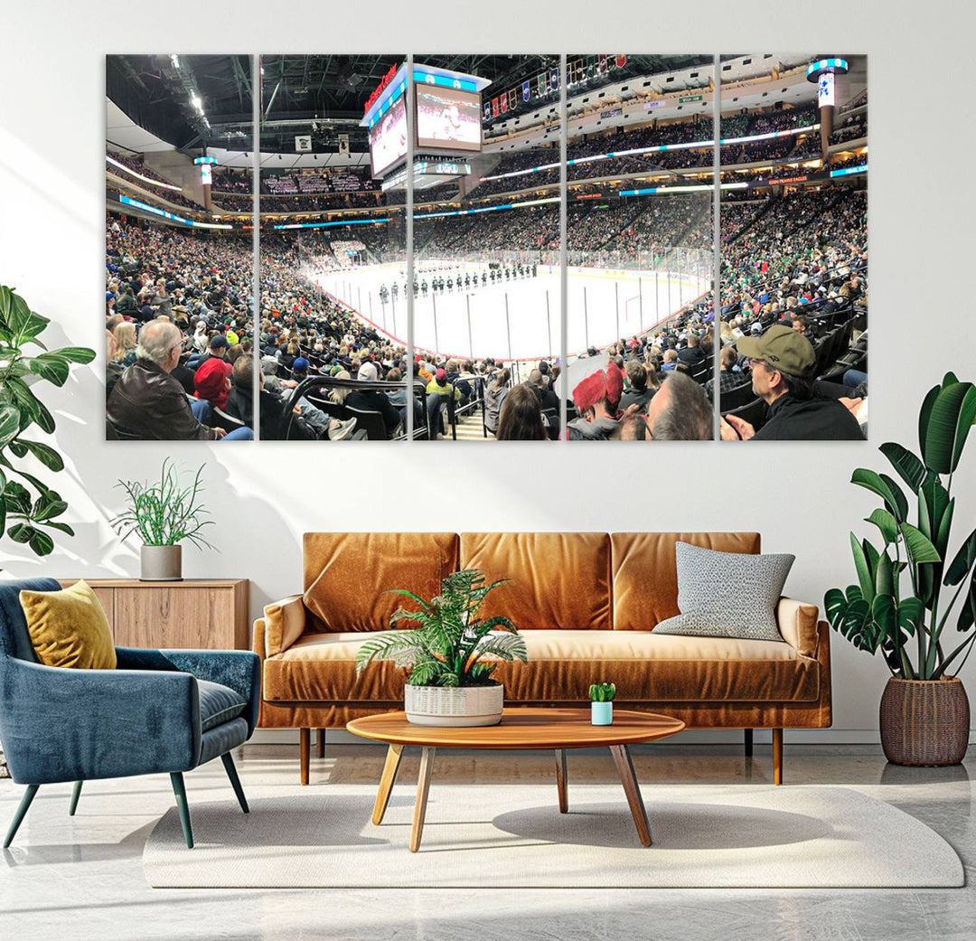 The Xcel Energy Center St Paul Minnesota Wild Ice Hockey Stadium Wall Art Canvas Print captures a packed hockey arena with spectators watching players on the ice. It is elegantly preserved on museum-quality canvas with vibrant details protected by a UV-protective coating.