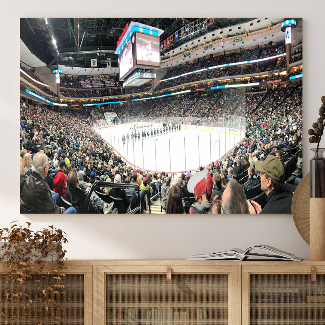 The Xcel Energy Center St Paul Minnesota Wild Ice Hockey Stadium Wall Art Canvas Print captures a packed hockey arena with spectators watching players on the ice. It is elegantly preserved on museum-quality canvas with vibrant details protected by a UV-protective coating.