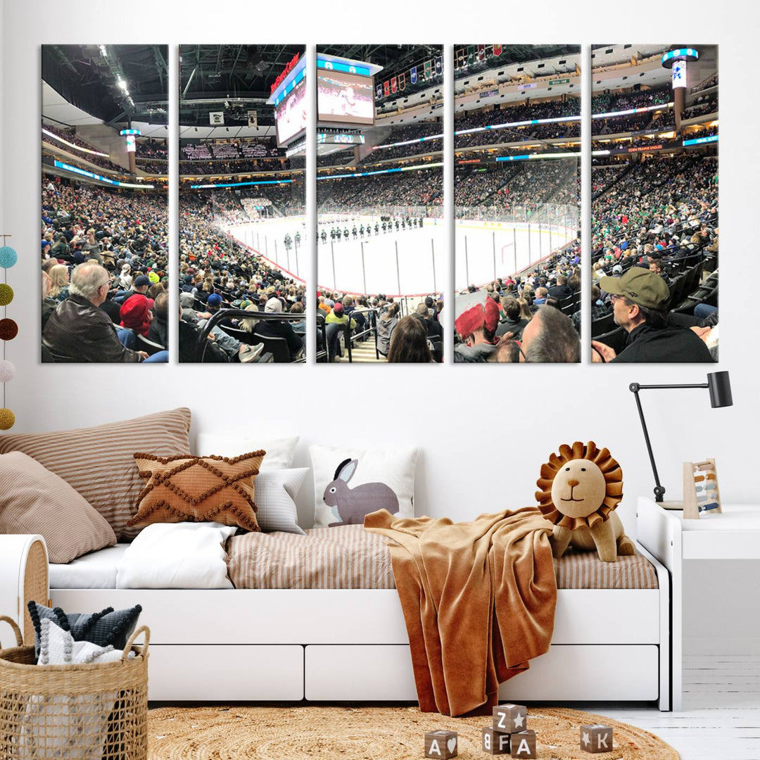 The Xcel Energy Center St Paul Minnesota Wild Ice Hockey Stadium Wall Art Canvas Print captures a packed hockey arena with spectators watching players on the ice. It is elegantly preserved on museum-quality canvas with vibrant details protected by a UV-protective coating.