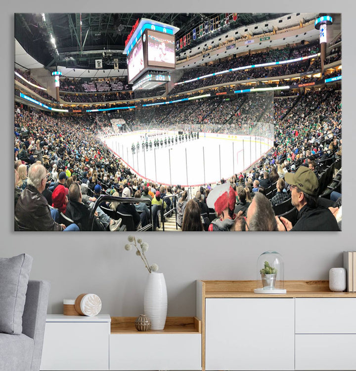 The Xcel Energy Center St Paul Minnesota Wild Ice Hockey Stadium Wall Art Canvas Print captures a packed hockey arena with spectators watching players on the ice. It is elegantly preserved on museum-quality canvas with vibrant details protected by a UV-protective coating.