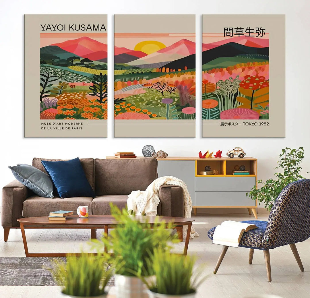 A striking Yayoi Kusama 1986 Wall Art Print - Wabi Sabi Japanese Wall Art Canvas Print featuring a vibrant abstract landscape graces the wall. This artwork brings an infusion of color and creativity to the space.