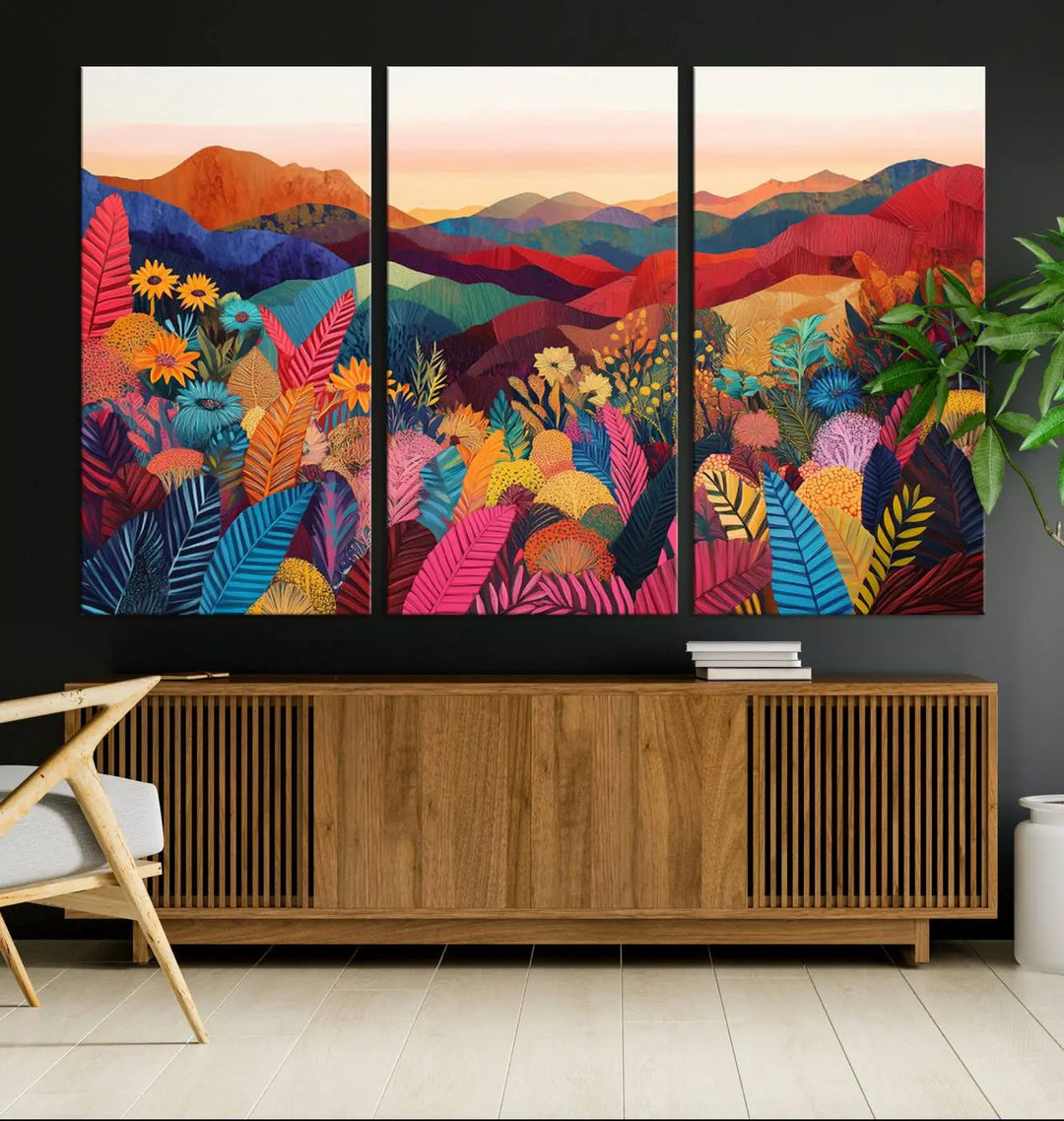 The YAYOI KUSAMA Abstract Print - Landscape Canvas Wall Art Print introduces a burst of vibrant, abstract energy. This modern decor piece, perfect for the living room, office, or bedroom and ready to hang, envelops the space in dynamic flair with its colorful depiction of mountains and foliage.