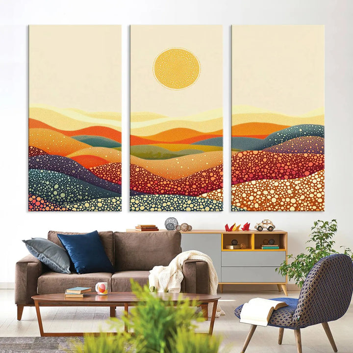 A captivating piece, the YAYOI KUSAMA Colorful Dot Art Landscape Canvas, showcases framed abstract pointillism with vibrant rolling hills and a sun. This handmade wall art is crafted on premium canvas for a gallery-quality finish.