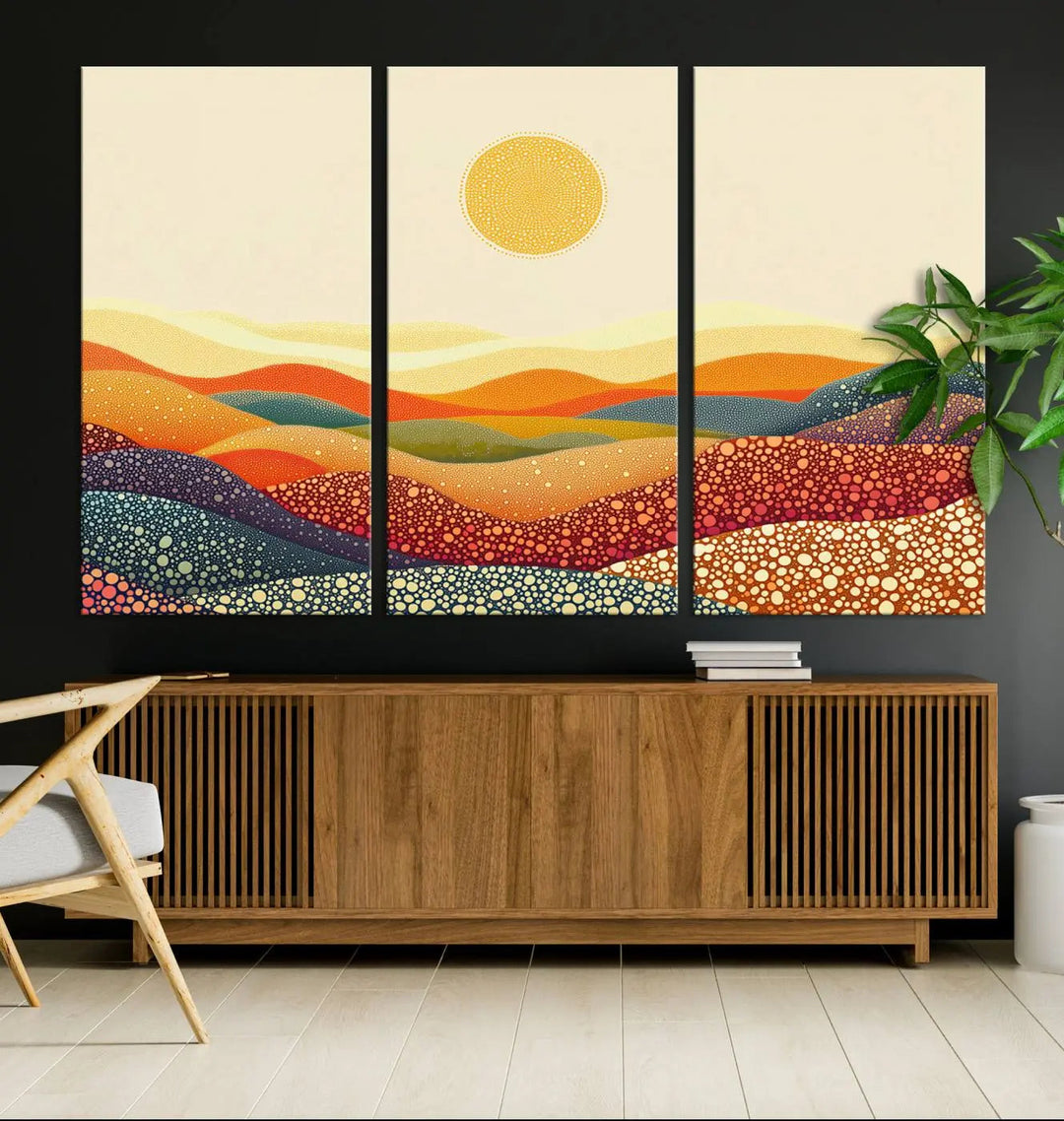 A captivating piece, the YAYOI KUSAMA Colorful Dot Art Landscape Canvas, showcases framed abstract pointillism with vibrant rolling hills and a sun. This handmade wall art is crafted on premium canvas for a gallery-quality finish.