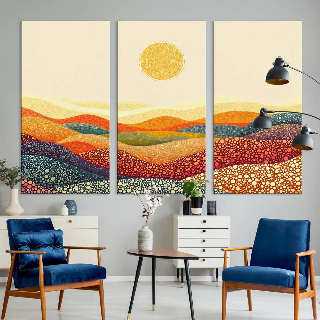 A captivating piece, the YAYOI KUSAMA Colorful Dot Art Landscape Canvas, showcases framed abstract pointillism with vibrant rolling hills and a sun. This handmade wall art is crafted on premium canvas for a gallery-quality finish.