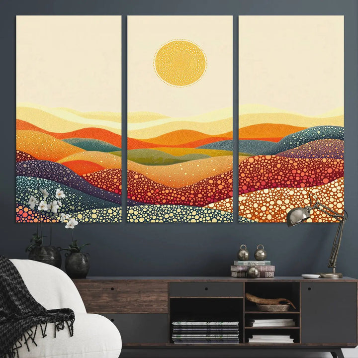 A captivating piece, the YAYOI KUSAMA Colorful Dot Art Landscape Canvas, showcases framed abstract pointillism with vibrant rolling hills and a sun. This handmade wall art is crafted on premium canvas for a gallery-quality finish.