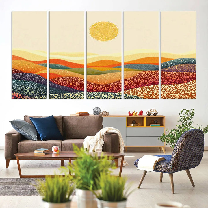 A captivating piece, the YAYOI KUSAMA Colorful Dot Art Landscape Canvas, showcases framed abstract pointillism with vibrant rolling hills and a sun. This handmade wall art is crafted on premium canvas for a gallery-quality finish.