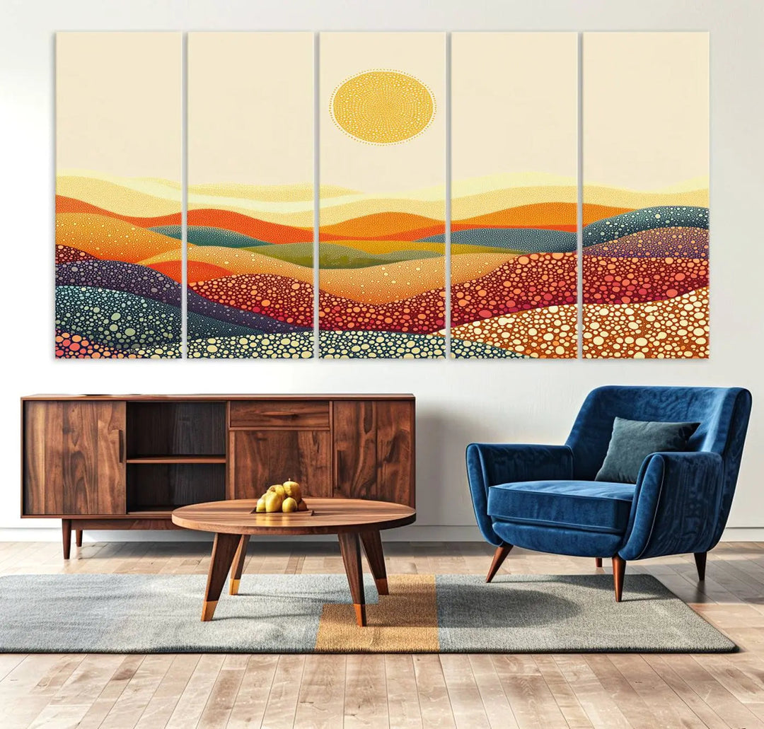 A captivating piece, the YAYOI KUSAMA Colorful Dot Art Landscape Canvas, showcases framed abstract pointillism with vibrant rolling hills and a sun. This handmade wall art is crafted on premium canvas for a gallery-quality finish.