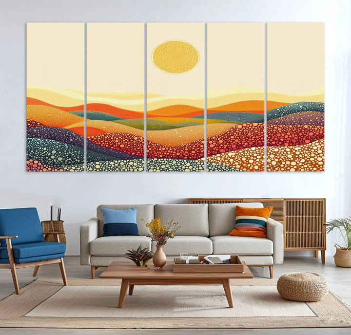 A captivating piece, the YAYOI KUSAMA Colorful Dot Art Landscape Canvas, showcases framed abstract pointillism with vibrant rolling hills and a sun. This handmade wall art is crafted on premium canvas for a gallery-quality finish.