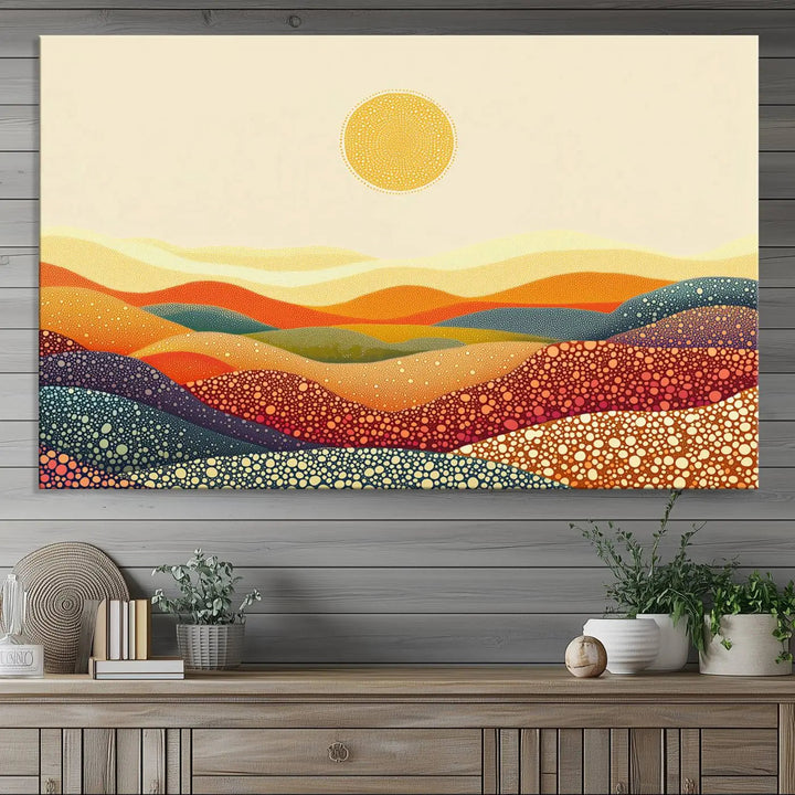 A captivating piece, the YAYOI KUSAMA Colorful Dot Art Landscape Canvas, showcases framed abstract pointillism with vibrant rolling hills and a sun. This handmade wall art is crafted on premium canvas for a gallery-quality finish.